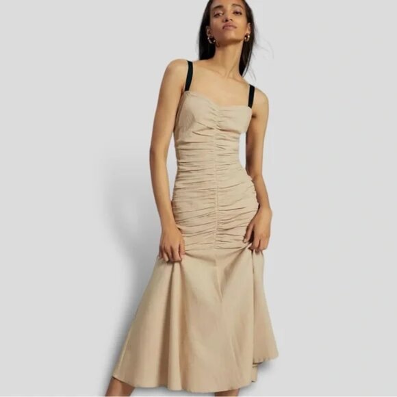 Anthropologie ATSU Ruched Drop Waist Beige Midi Linen Blend Strap Dress 2 - Picture 1 of 11